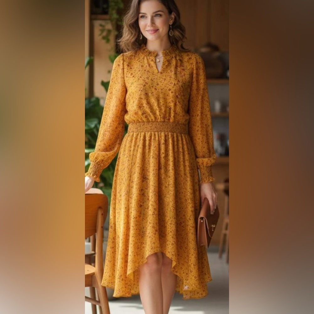 Time and Tru: Yellow Long Sleeve Floral Yellow Hanker Chief Dress